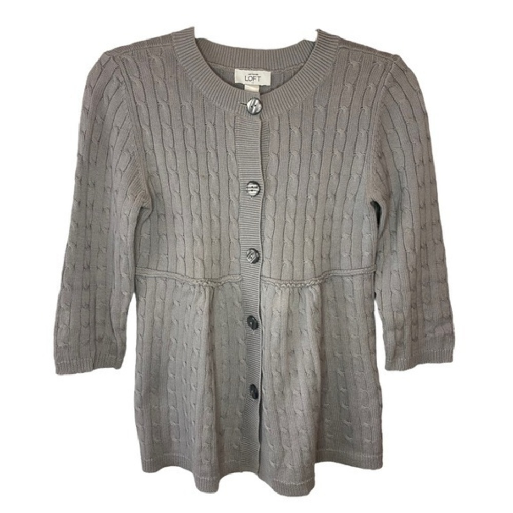 Loft Button Down Gray Fit and Flare Cable Knot Sweater    Sz S‎